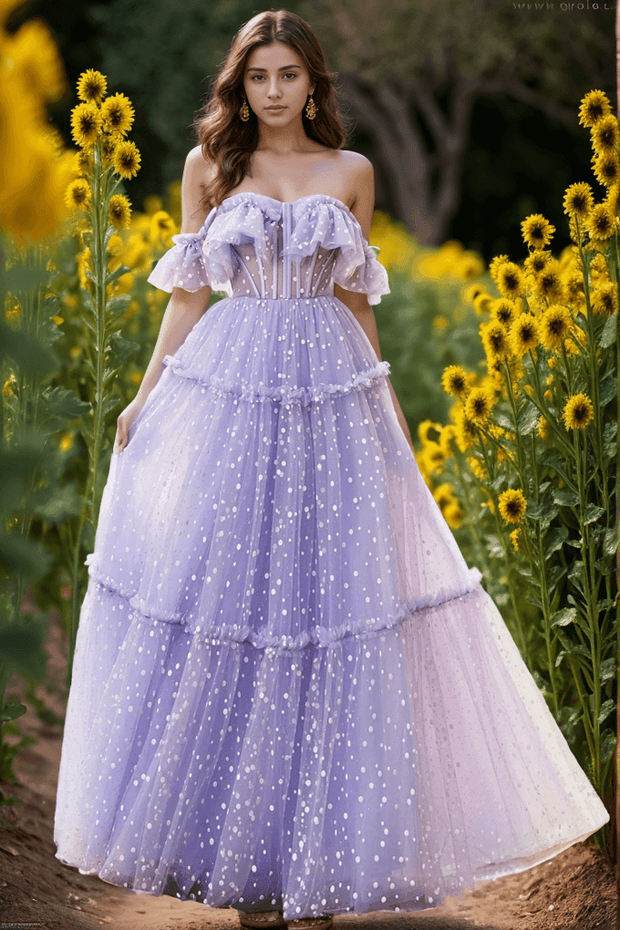 A-Line Floor Length Dot Tulle Prom Dress CS0473 - COCOMELODY